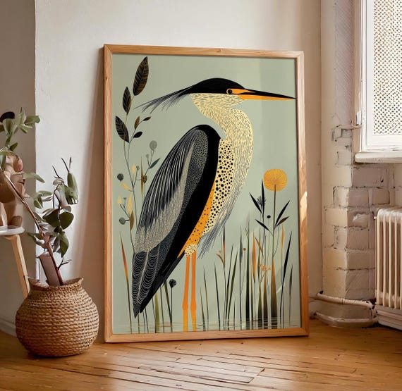 Retro Vintage Heron Print Green Art Deco Wall Art Modern House Decor Bird Lover Decor Abstract Geometric Art Nouveau