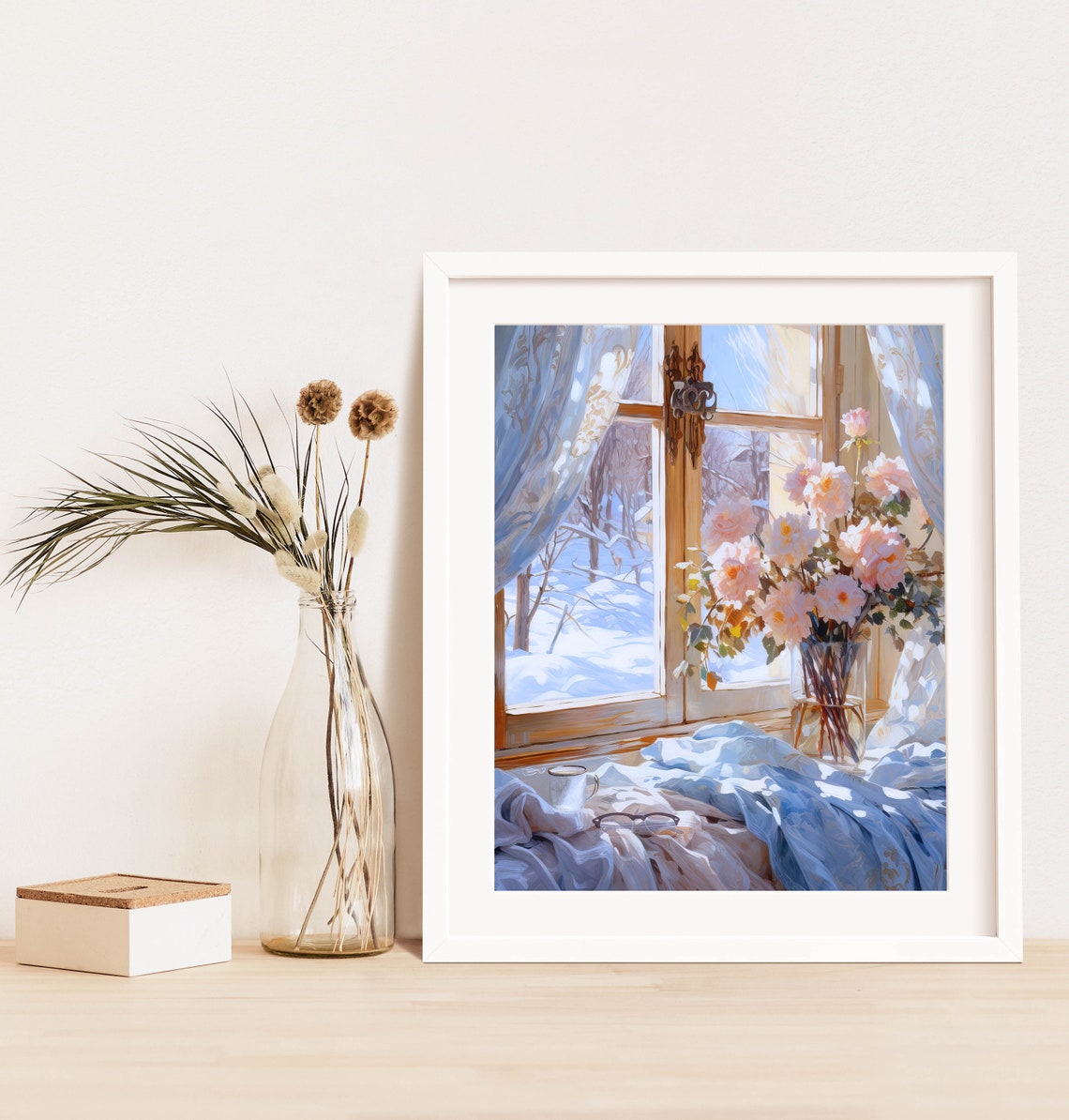 Snowy Winter Window Bouquet Cozy Still Life Watercolor Art Poster - Image 2
