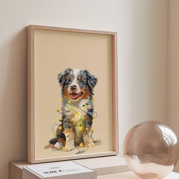 Australian Shepherd Puppy Christmas Lights Merle Dog Art Poster