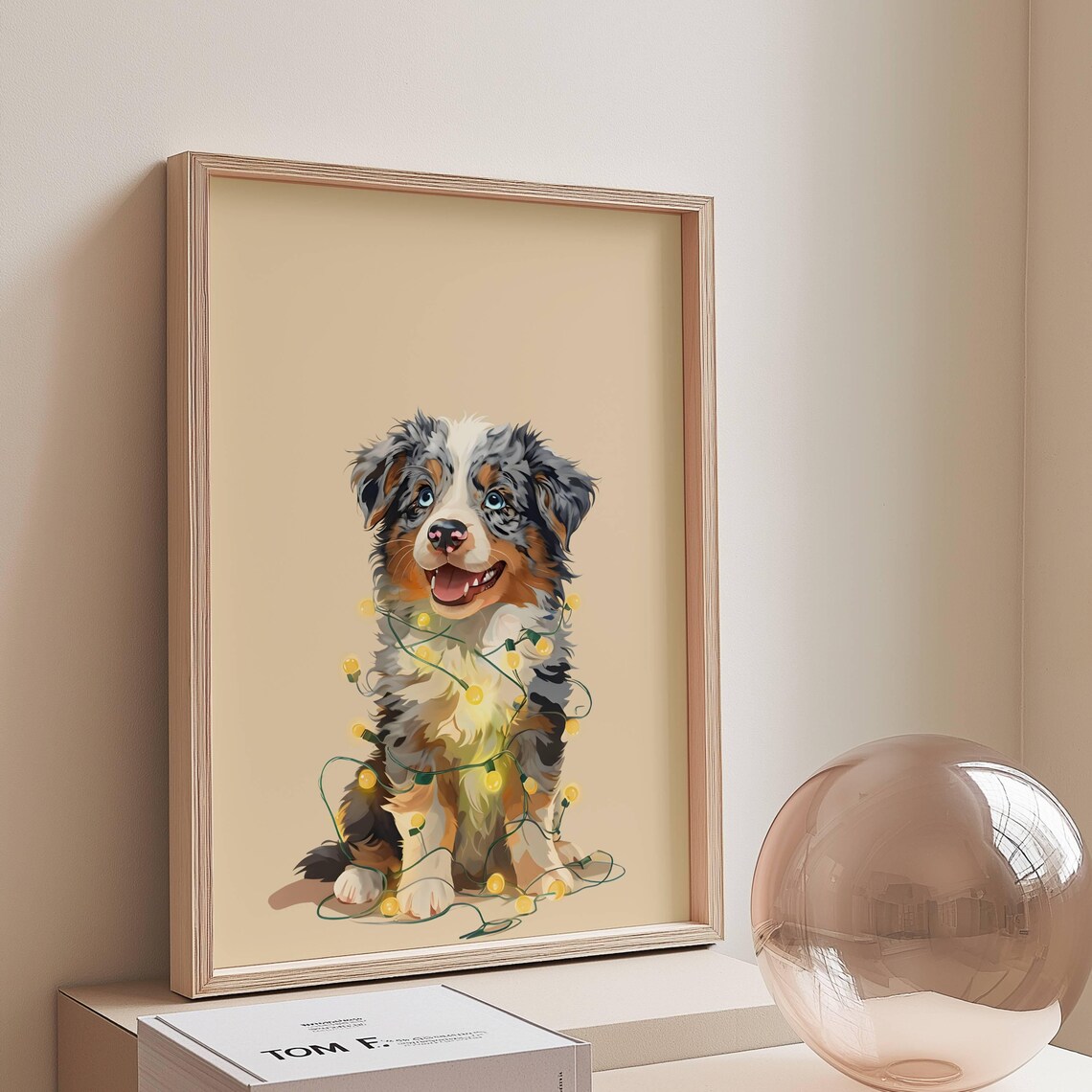Australian Shepherd Puppy Christmas Lights Merle Dog Art Poster