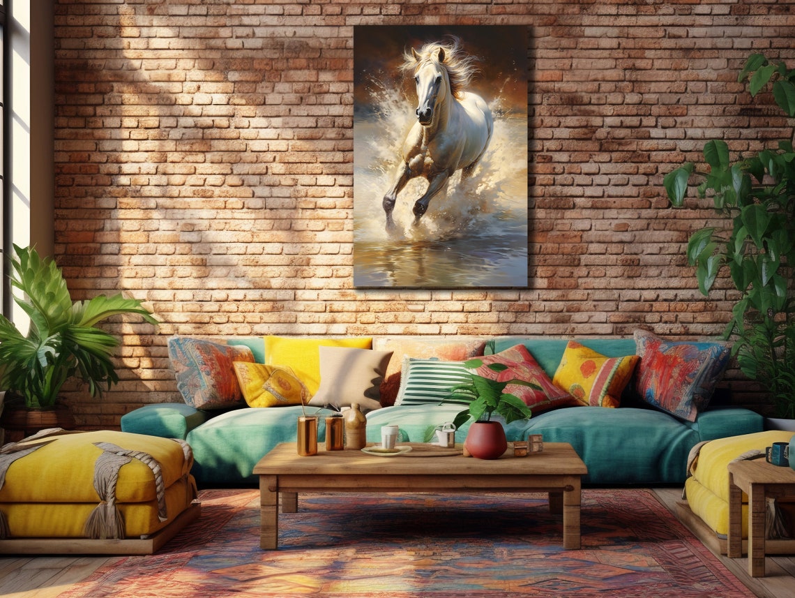 White Horse Galloping Through Water Golden Splashes Elegant Poster - Image 3