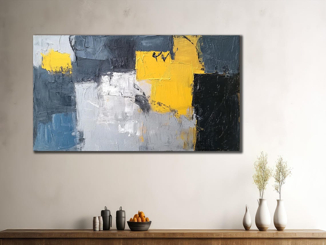 Geometric Black Gray Blue and Yellow Abstract Blocks Minimalist Poster - Image 3