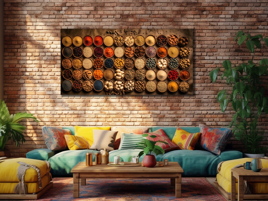 Assorted Spice Grain Bowls Grid Warm Rustic Kitchen Food Wall Art