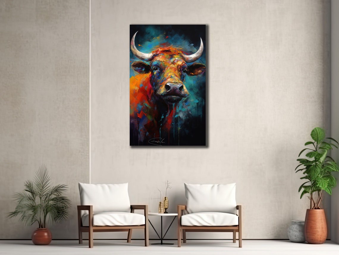 Colorful Bull Head Portrait Orange Blue Abstract Animal Art Poster