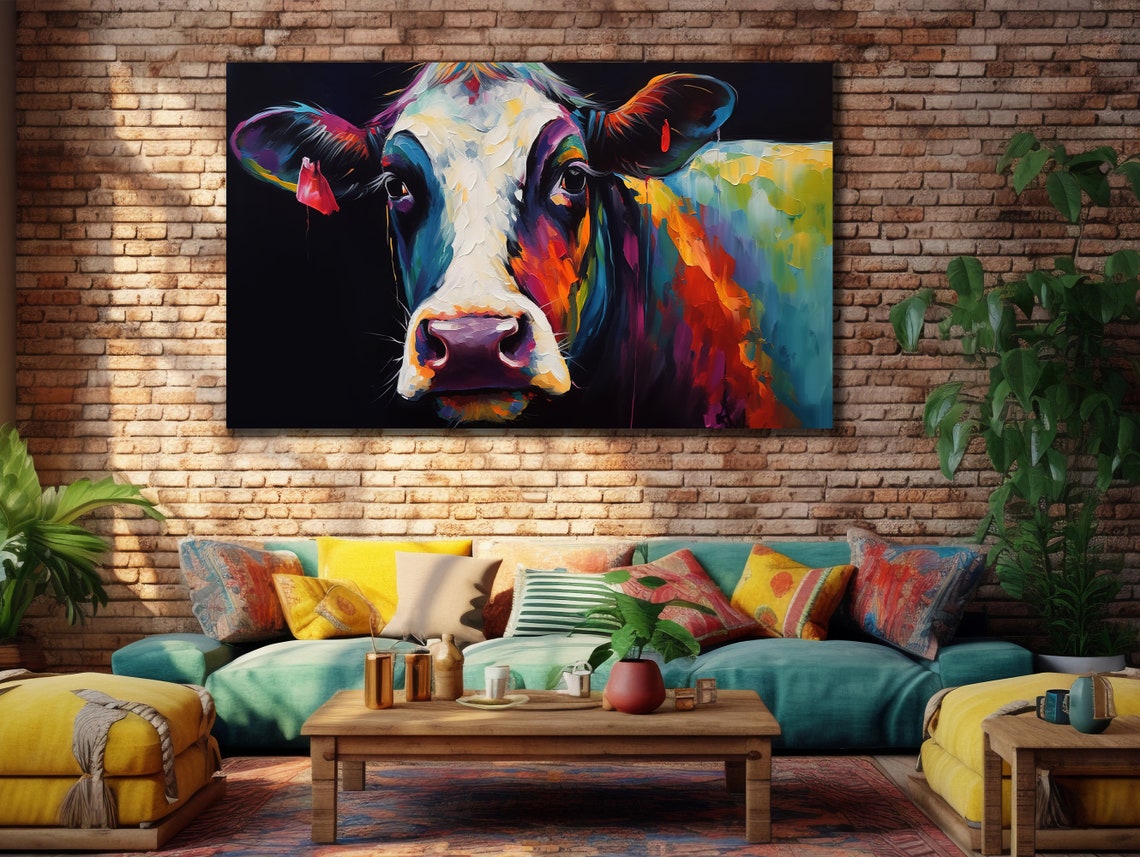 Colorful Cow Printing Cow Wall Decor Abstract Animal Wall Art Painting On Colorful Animal Art Farmhouse For Gifts