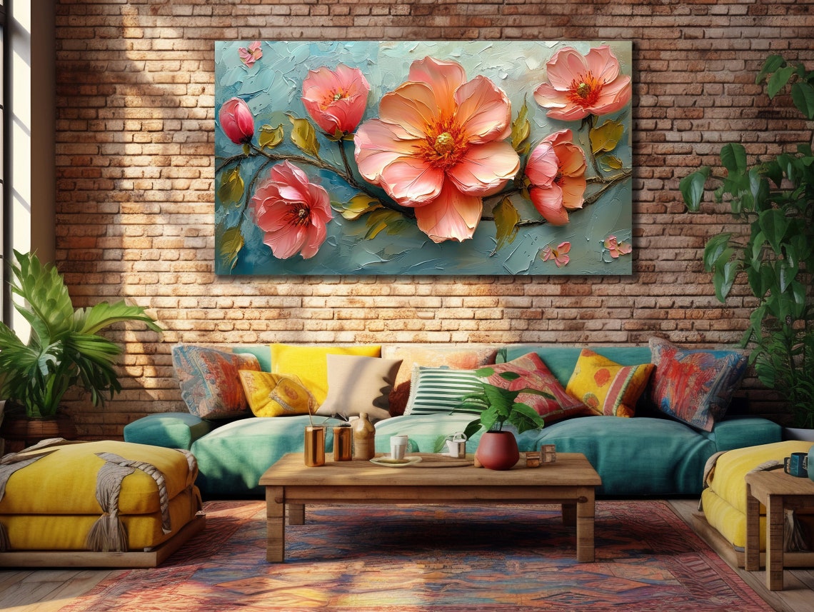 Pink Peony Blossoms On Branch Pale Blue Impasto Floral Poster - Image 3