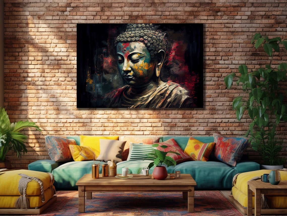 Buddha Statue Weathered Stone Colorful Paint Meditative Art Poster - Image 2