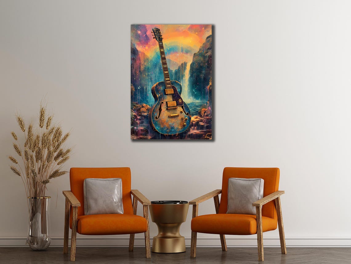 Electric Guitar Waterfall Galaxy Scene Surreal Musical Art Poster