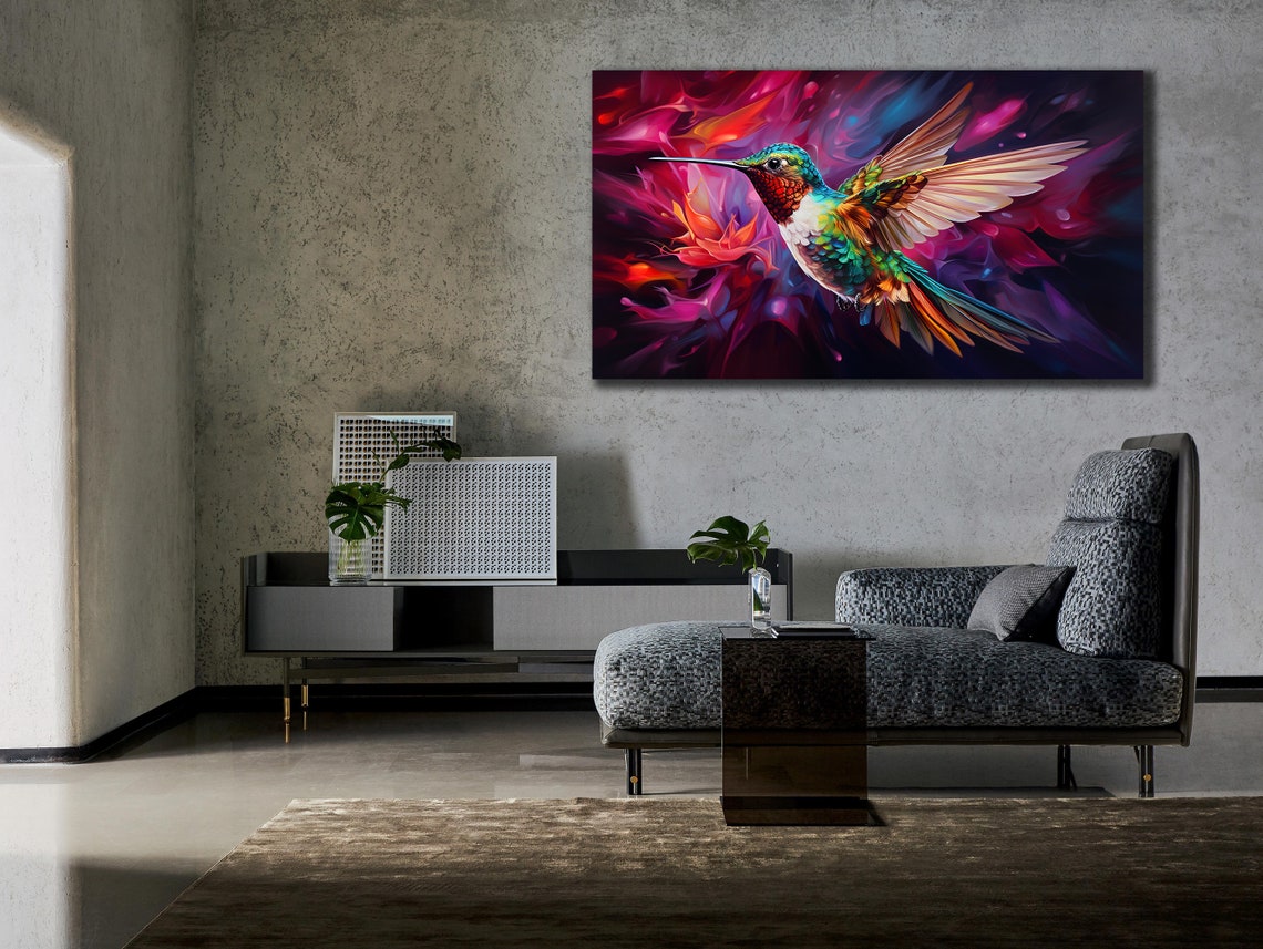 Colorful Hummingbird In Flight Swirling Magenta Vivid Bird Wall Print