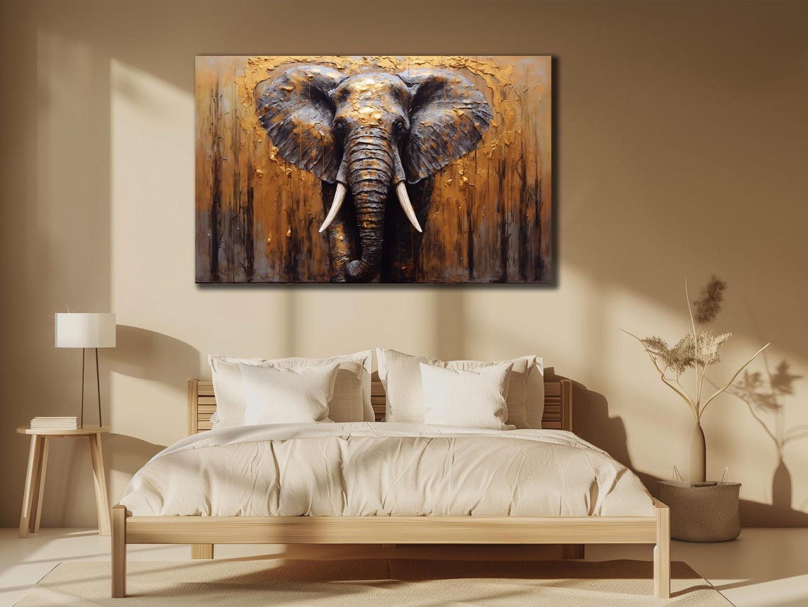 Golden Elephant Head Dark Bronze Textured Oil Painting Art Poster