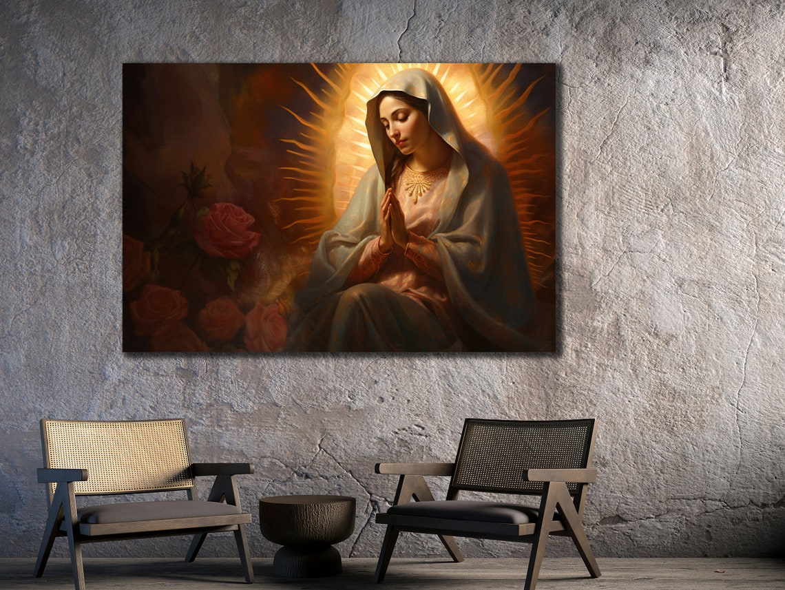 Praying Virgin Mary Roses Golden Light Catholic Wall Art Poster - Image 2