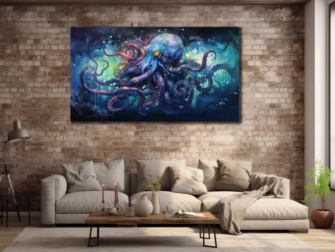 Cosmic Octopus Neon Tentacles Deep Blue Underwater Galaxy Art Print