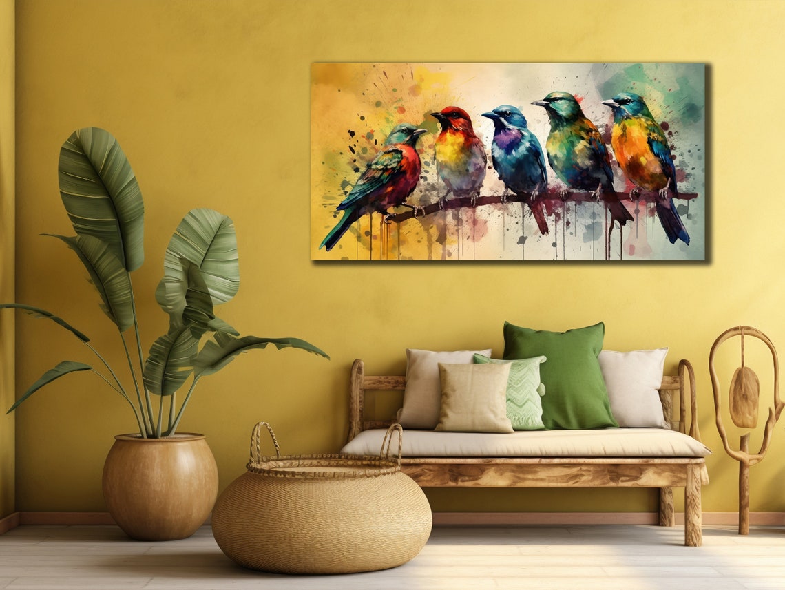 Five Colorful Birds Branch Watercolor Yellow Background Wall Art