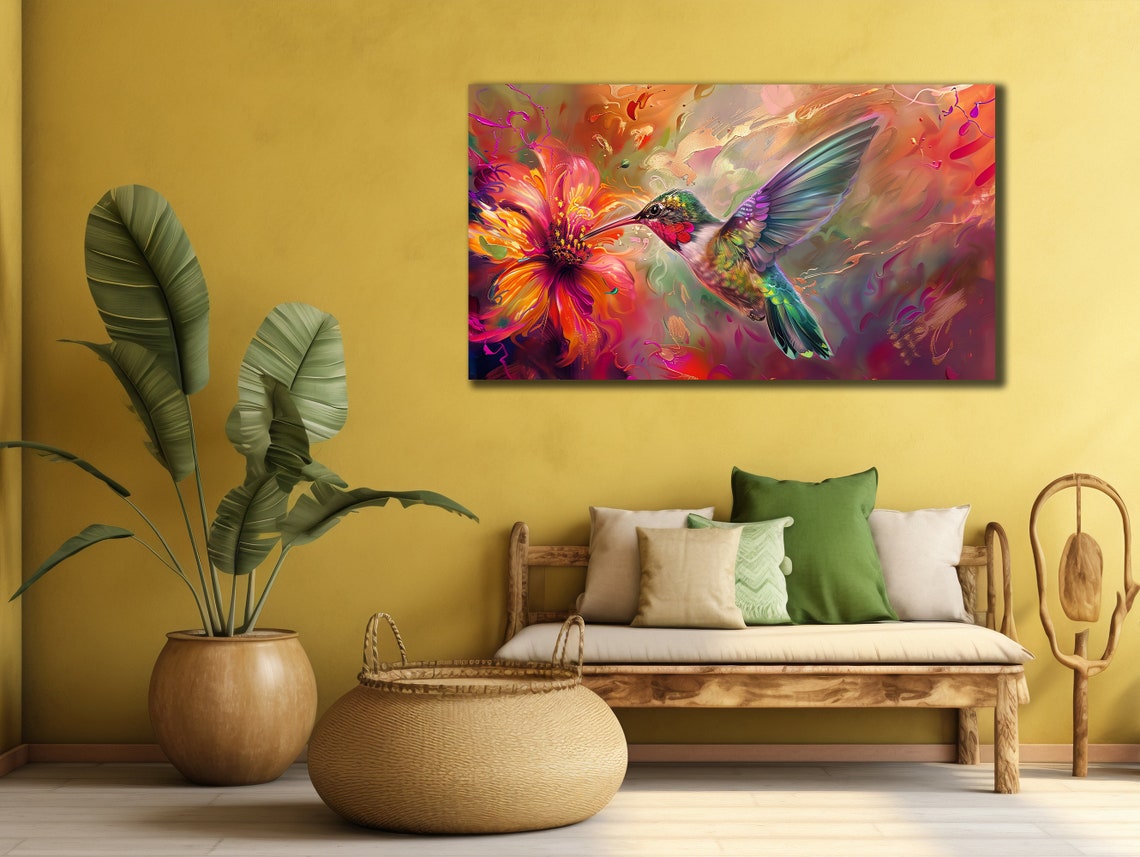 Hummingbird Orange Flower Nectar Purple Abstract Bird Wall Art