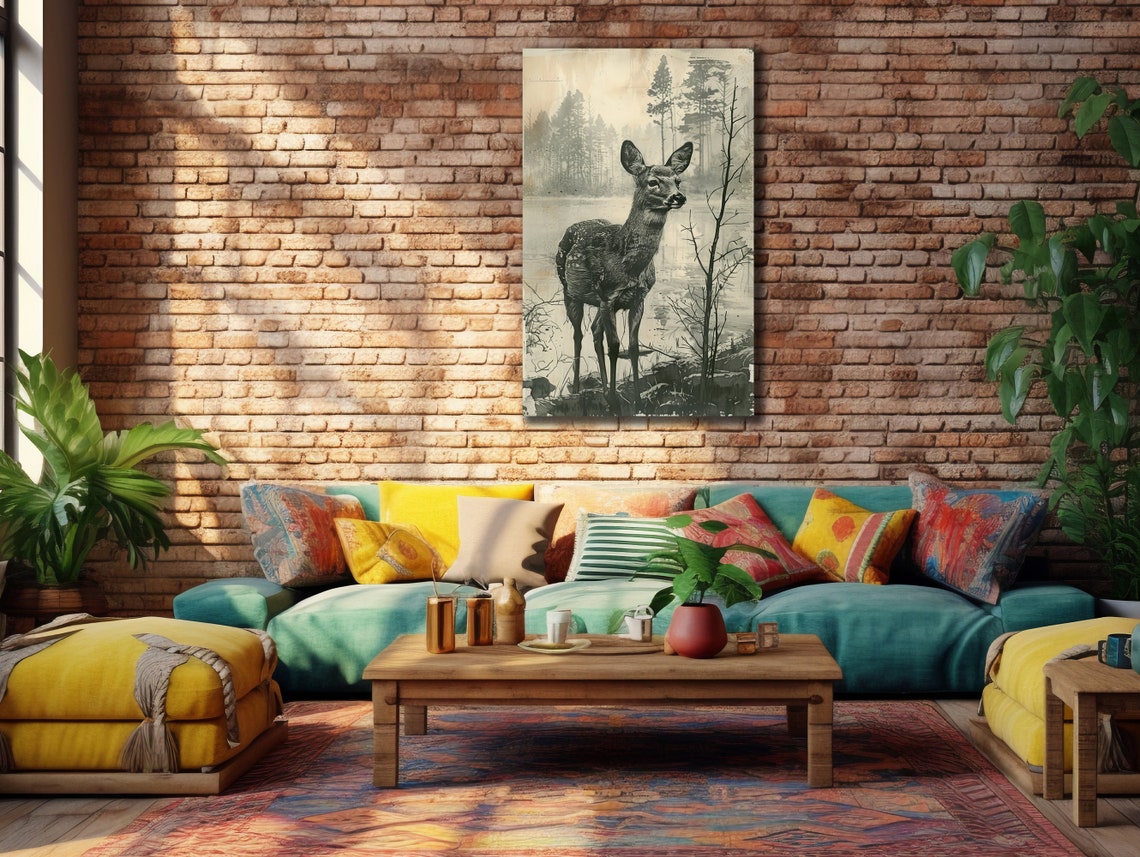 Vintage Sepia Deer By Misty Lake Forest Vertical Wildlife Art Poster - Image 3