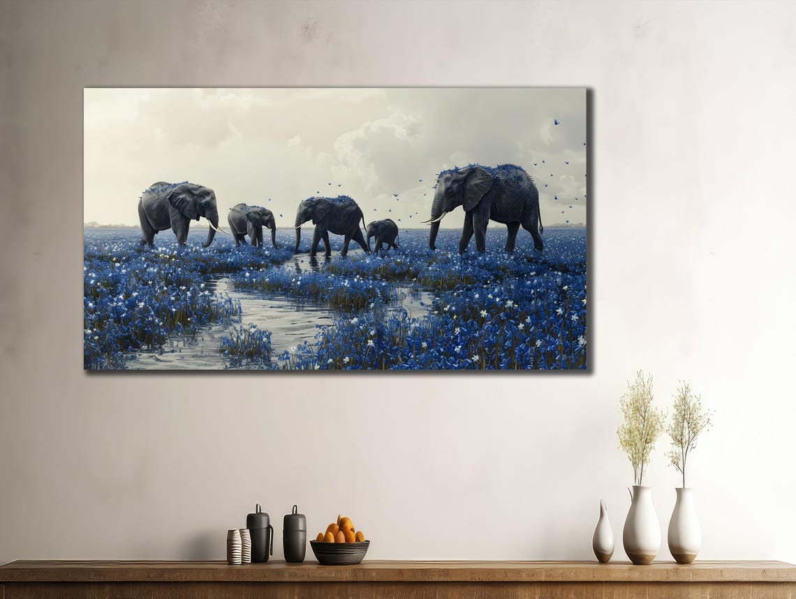Elephant Family Blue Flower Field Surreal Dreamlike Wildlife Poster - Image 3