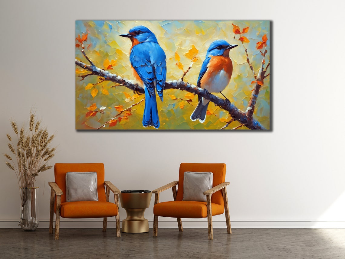 Bluebirds Perched on Autumn Branch Oil Painting Wall Art Poster