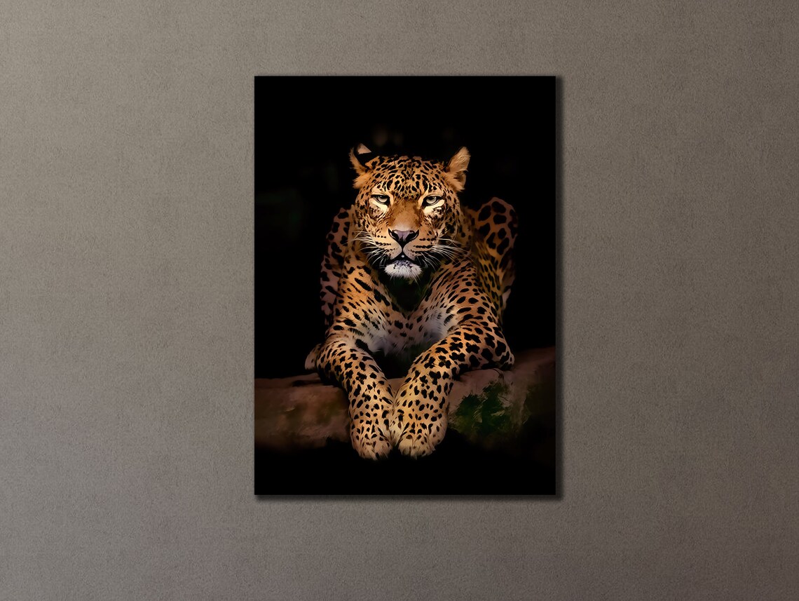 Leopard Portrait Dark Background Realistic Big Cat Wildlife Wall Art Print