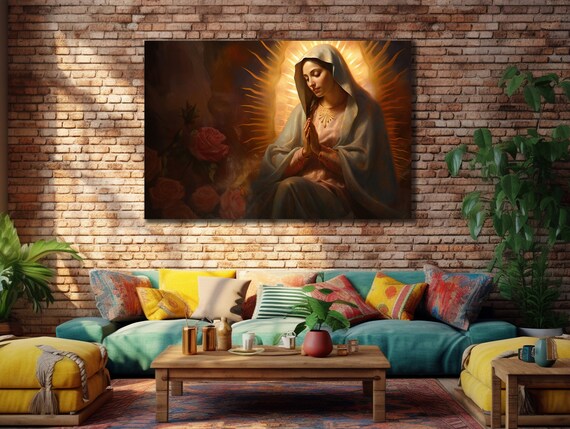 Praying Virgin Mary Roses Golden Light Catholic Wall Art Poster