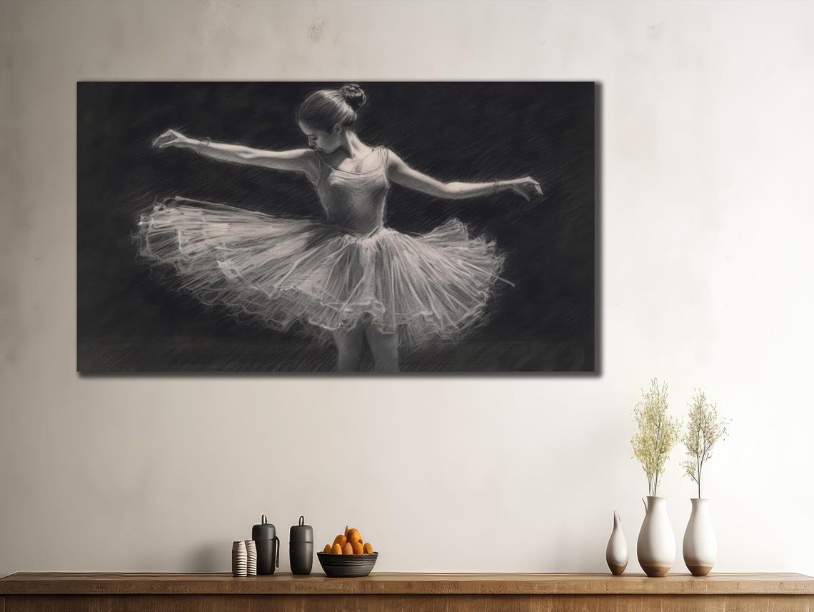 Ballerina in White Tutu Black and White Sketch Dance Wall Art Print - Image 3