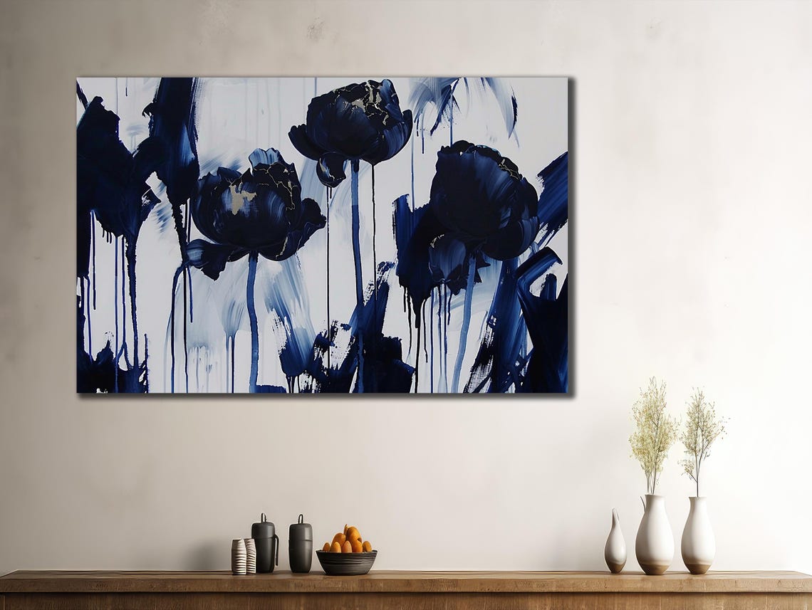 Navy Blue Flowers Abstract Dripping Paint Modern Floral Artwork Poster - Image 2