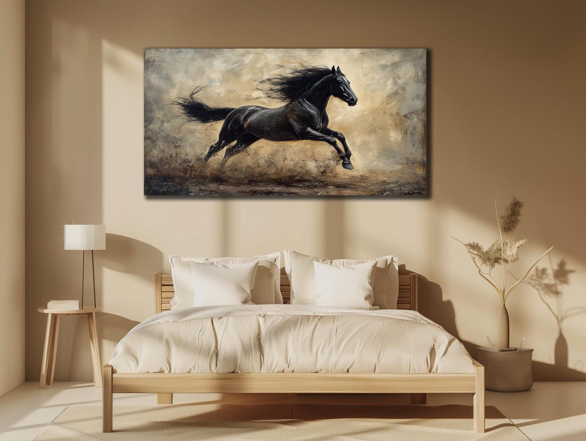 Black Horse Galloping Dramatic Dusty Textured Oil Painting Poster - Image 2