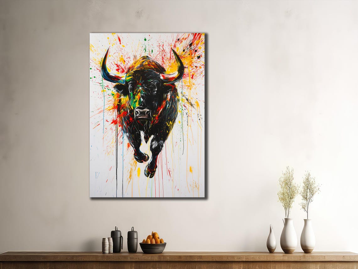 Charging Bull Paint Splash Abstract Multicolor Bold Animal Poster - Image 3