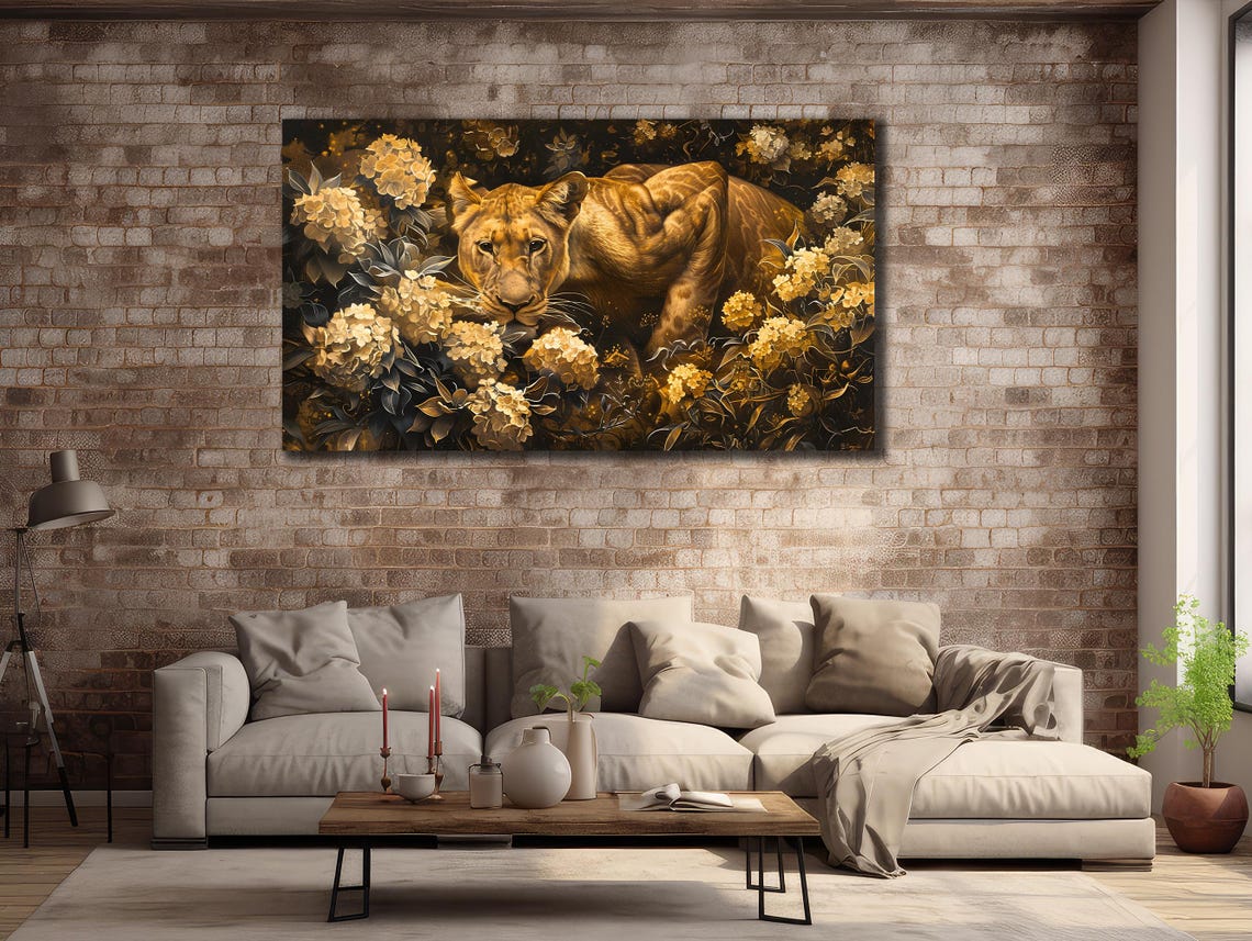 Golden Big Cat Hidden Blooming Flowers Dark Floral Wildlife Poster - Image 2