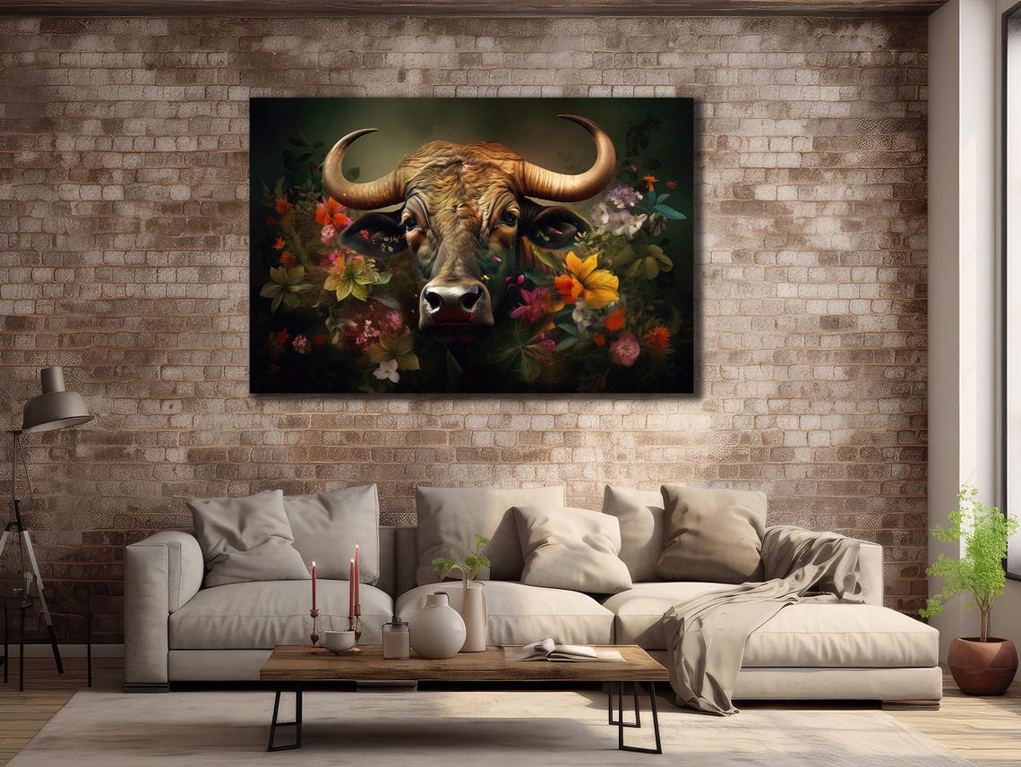 Bull Head Blooming Flowers Dark Moody Floral Animal Wall Art Print - Image 2