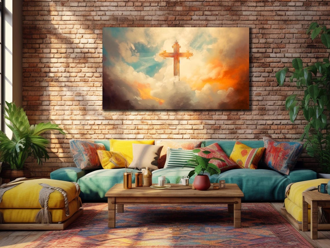Cross in Dramatic Clouds Sunset Sky Christian Faith Art Poster
