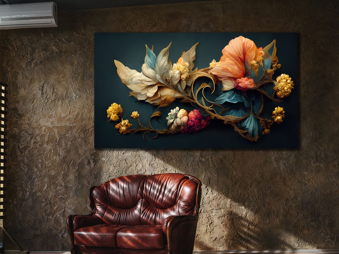 Golden Floral Swirl Peach Blossoms Dark Background Wall Art Poster - Image 3