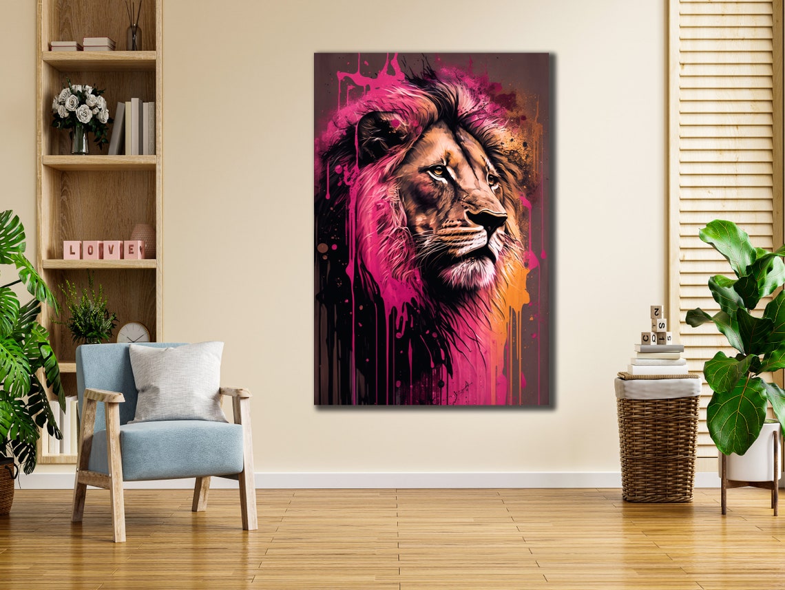 Lion Head with Pink Orange Drip Paint Modern Animal Art Poster - Image 3