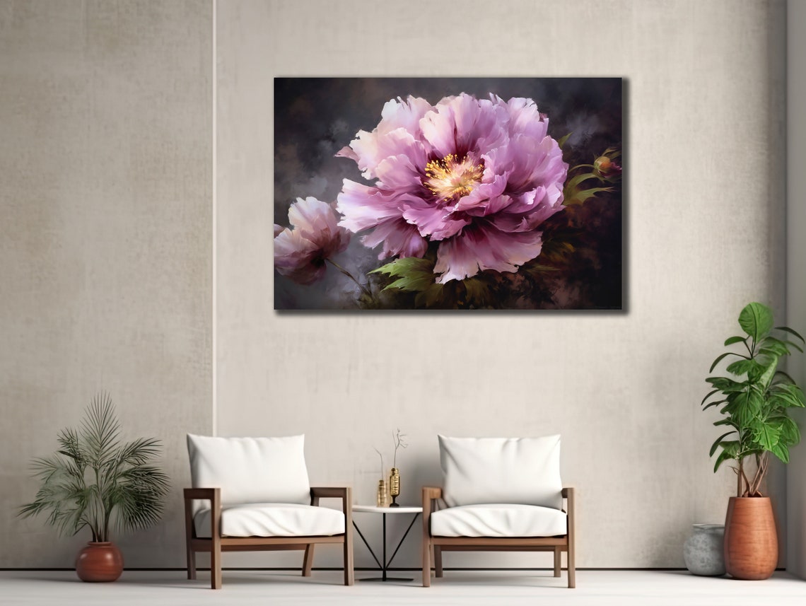 Pink Peony Bloom Close Up Dark Moody Elegant Floral Art Poster