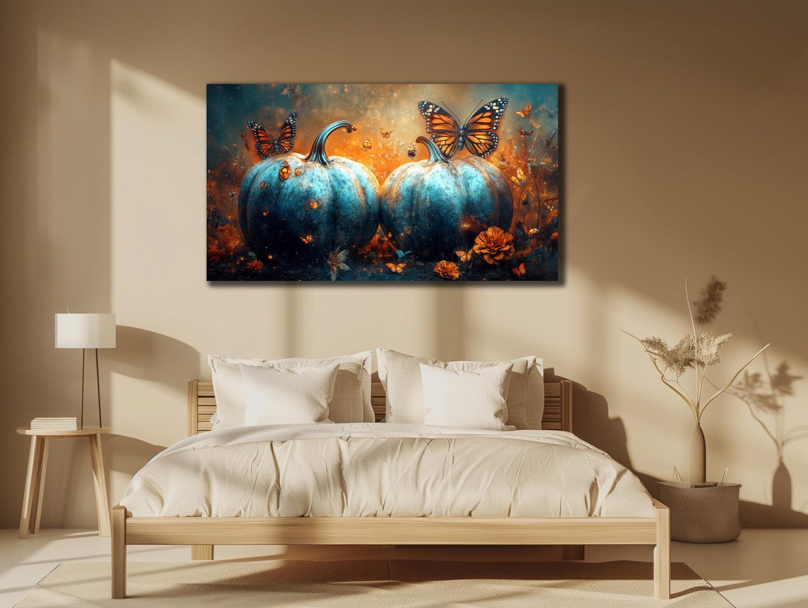 Two Teal Blue Pumpkins Butterflies Autumn Floral Night Art Poster - Image 3