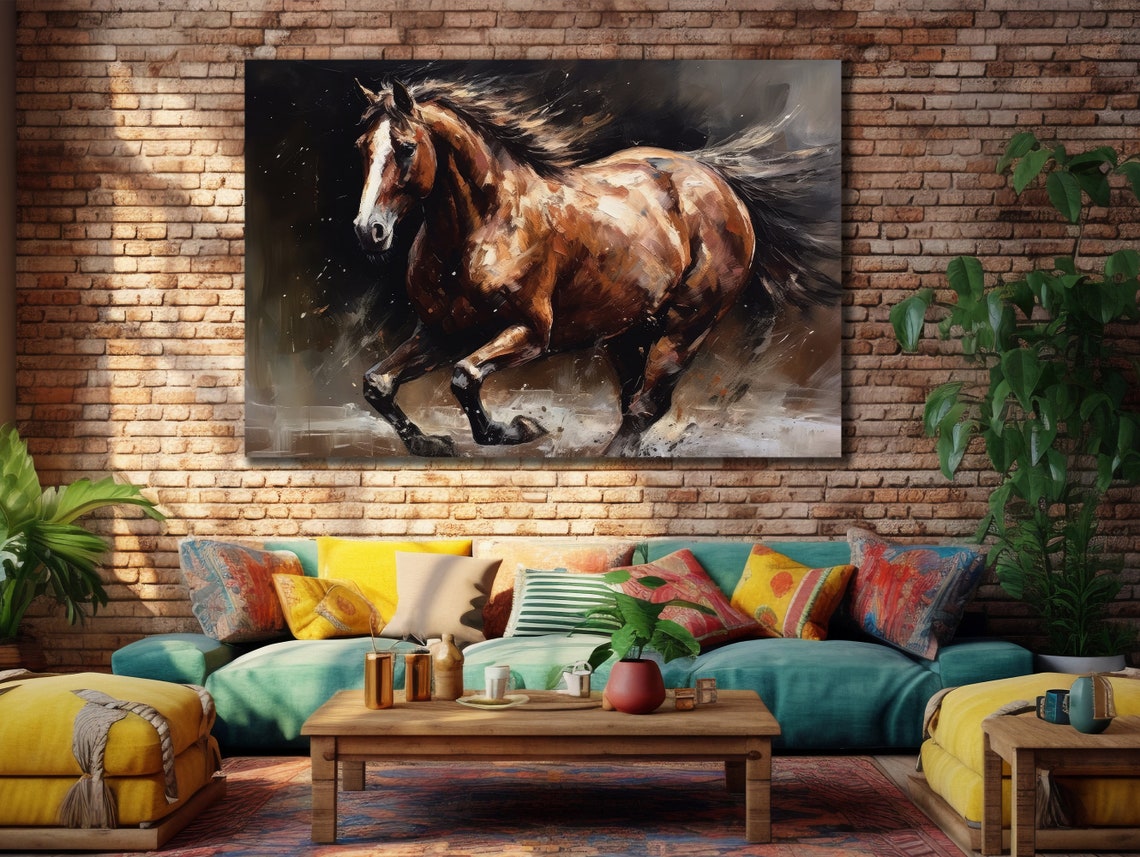 Galloping Brown Horse Dynamic Oil Painting Dark Wall Art Poster - Image 3