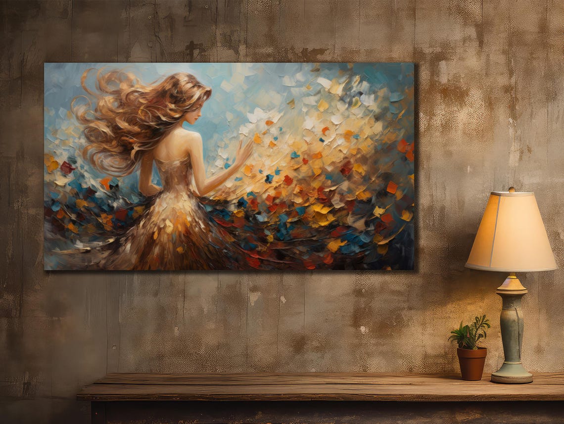 Dancer with Flowing Golden Dress Oil Painting Autumn Leaves Art Poster - Image 2