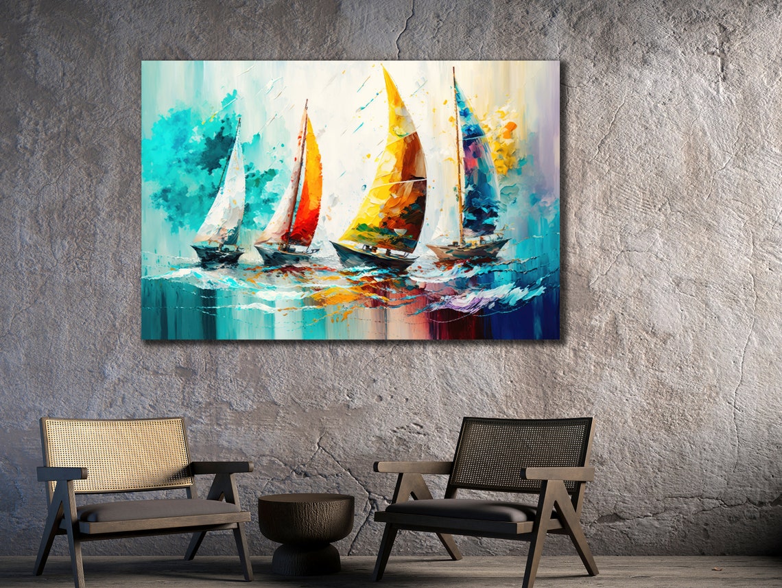 Colorful Sailboats Teal Ocean Abstract Painting Nautical Wall Poster - Image 2
