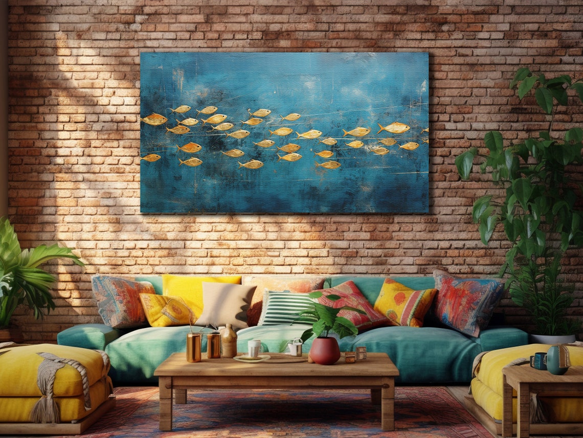 Golden Fish School Teal Blue Abstract Painting Ocean Wall Art Poster - Image 3