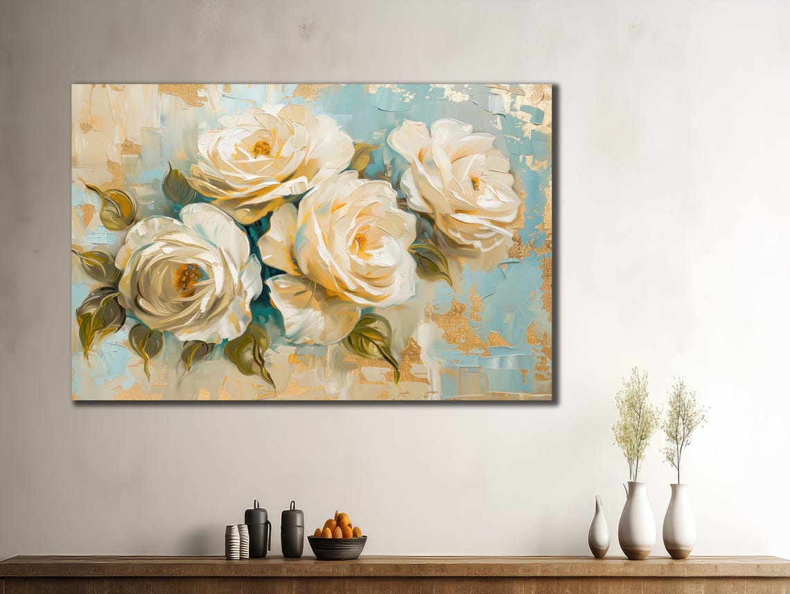 Elegant White Roses Oil Painting Soft Blue Background Floral Poster - Image 3