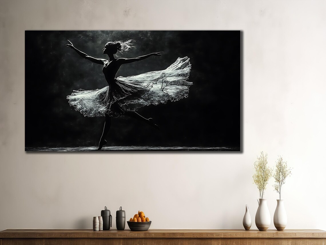 Ballerina Dancer Silhouette Flowing Skirt Dramatic Black White Art Poster - Image 3