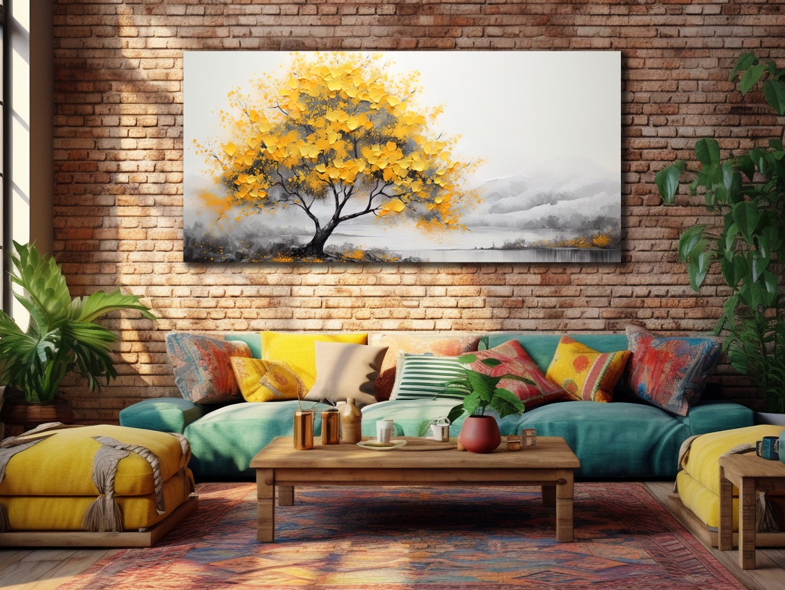 Golden Yellow Tree By Misty Lake Gray Gold Abstract Art Poster