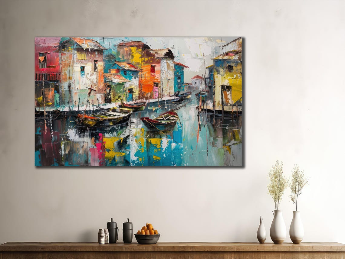 Colorful Abstract Harbor Canal Boats Vibrant Cityscape Poster - Image 3