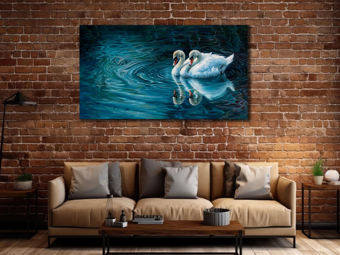 Swans Couple Gliding Dark Blue Water Rippling Reflections Art Poster - Image 2