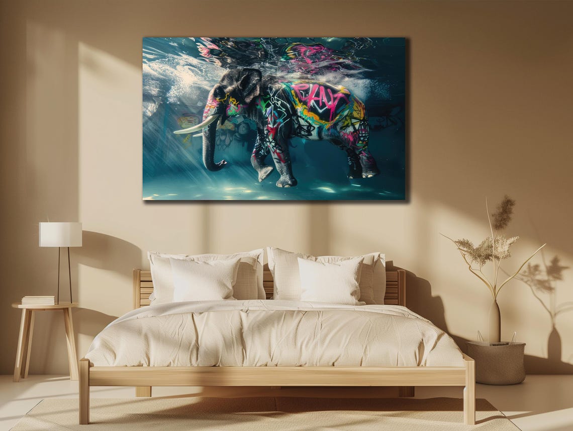 Colorful Graffiti Elephant Swimming Underwater Turquoise Ocean Poster