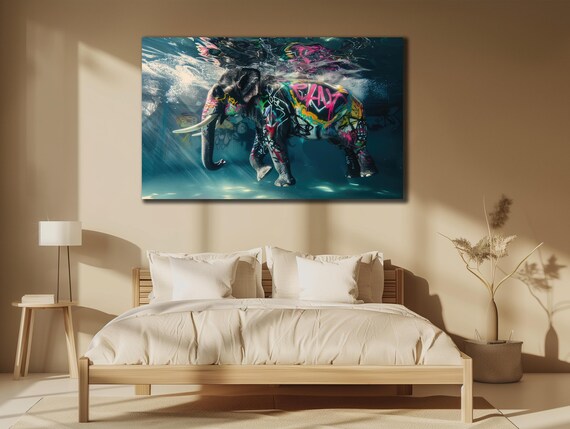 Colorful Graffiti Elephant Swimming Underwater Turquoise Ocean Poster