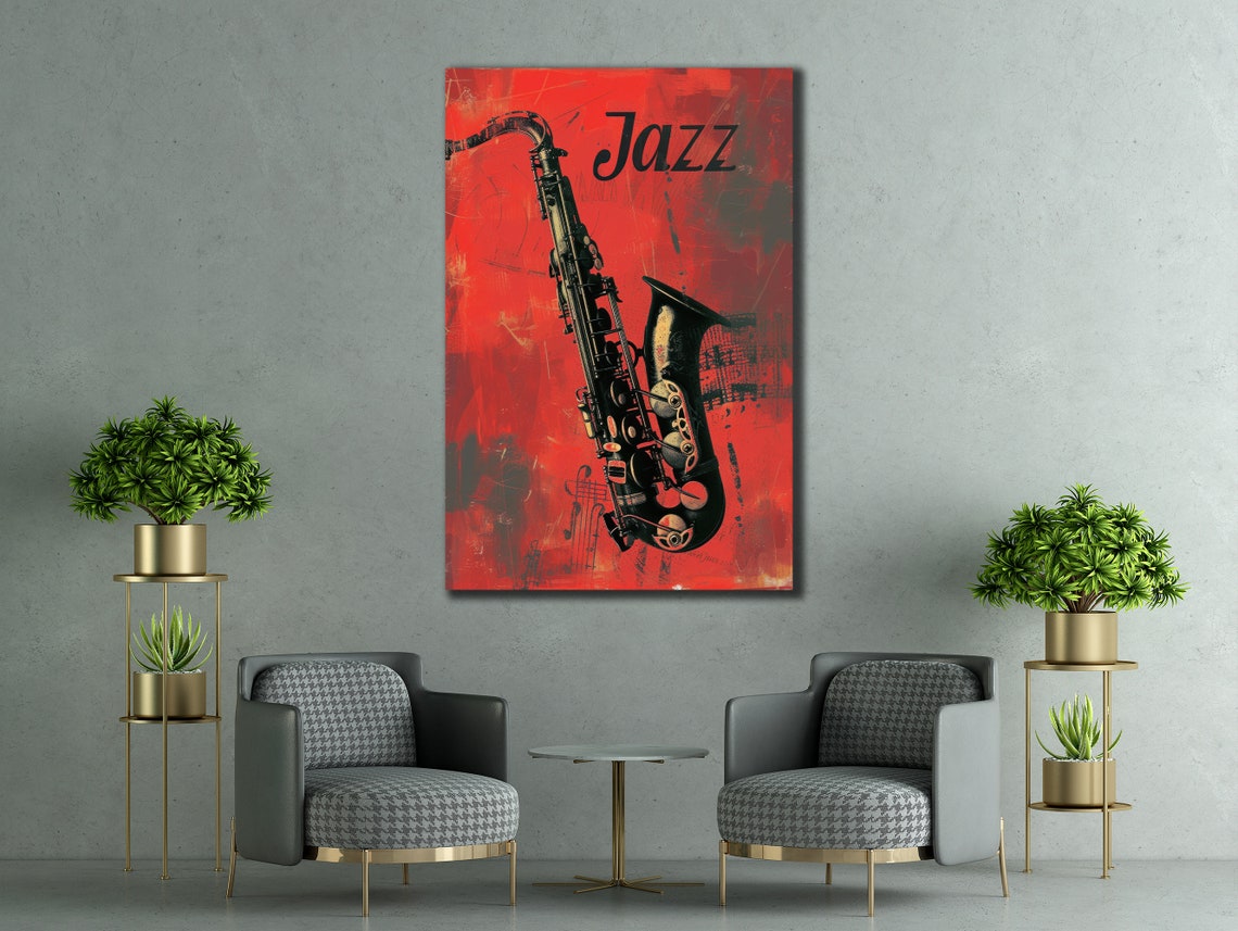 Jazz Saxophone Red Background Vintage Music Notes Art Wall Poster