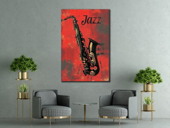 Jazz Saxophone Red Background Vintage Music Notes Art Wall Poster