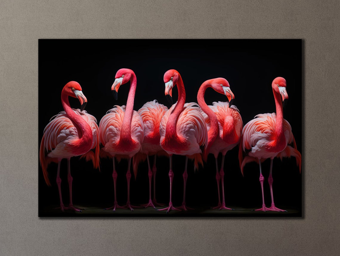Pink Flamingos Row Elegant Black Background Tropical Birds Poster - Image 3