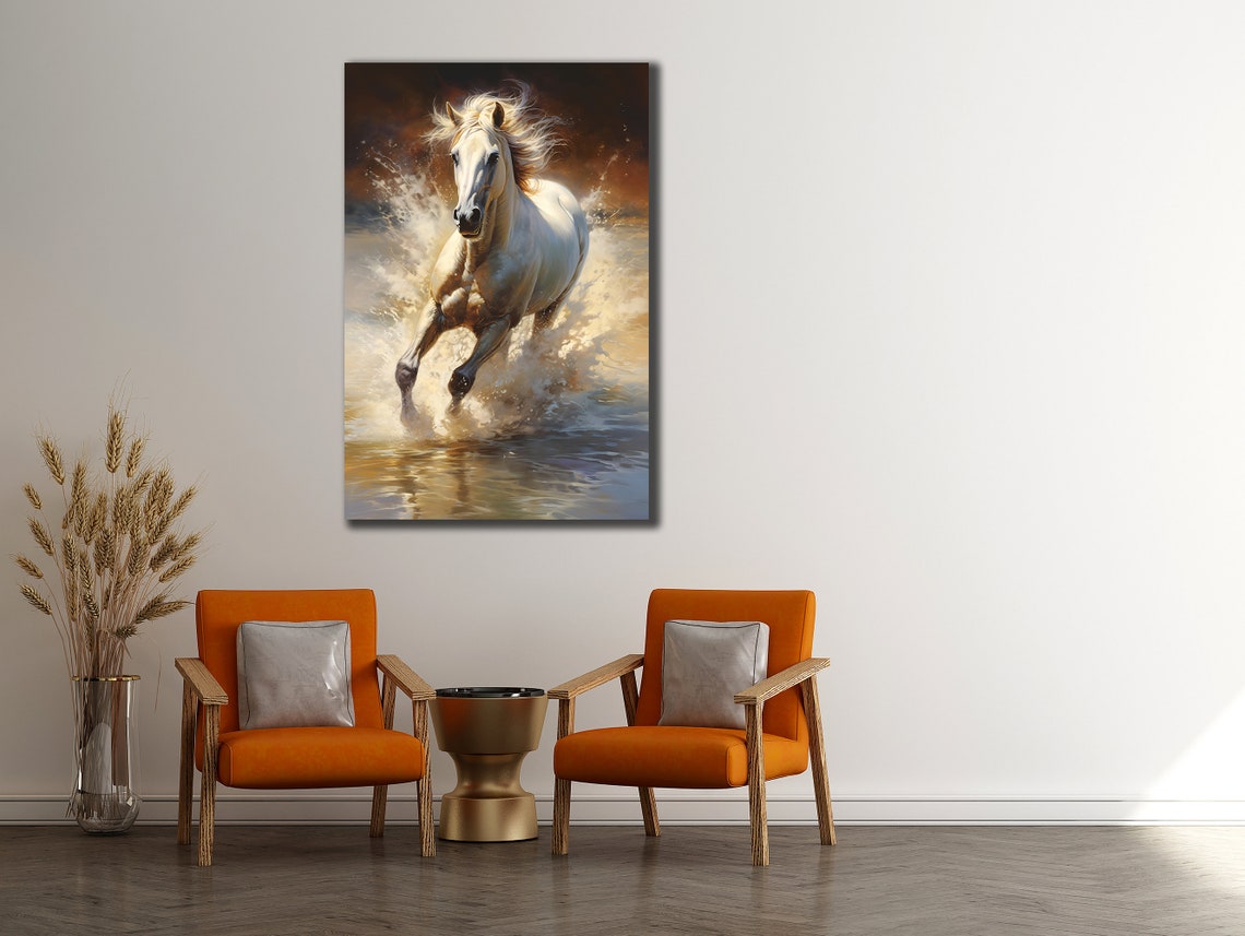 White Horse Galloping Through Water Golden Splashes Elegant Poster