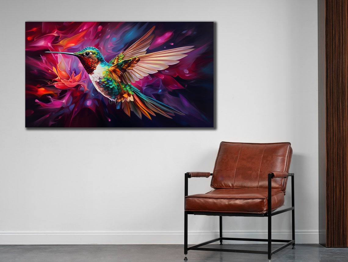 Colorful Hummingbird In Flight Swirling Magenta Vivid Bird Wall Print - Image 2